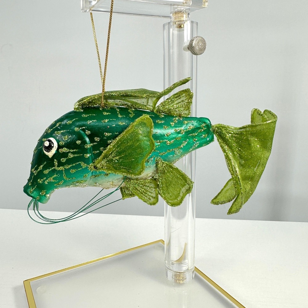 Fish Ornament Glass Blown Glitter Whiskers Hanging Whimsical Artsy Nautical‎